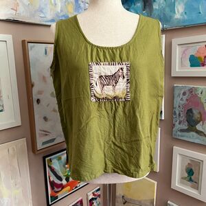Take Two Clothing Co Olive Green Zebra Patch Tank Top Boho Artsy Size Medium